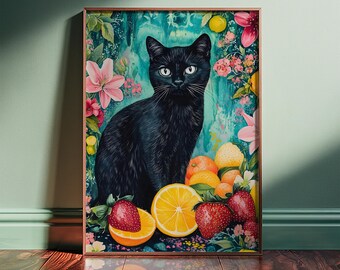 Black Cat Print – Floral Fruit Fantasy Art, Framed or Unframed Vertical Poster