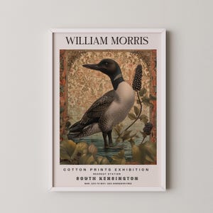 Puede incluir: Un cartel vintage que anuncia una exposición de estampados de algodón de William Morris en el museo de South Kensington en Londres. El cartel presenta una ilustración en blanco y negro de un colimbo de cuello rojo de pie en un estanque con un fondo floral. El texto del cartel dice "William Morris Cotton Prints Exhibition, Nearest Station South Kensington, Mar. 12th to May, 10th Admission Free."