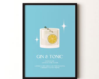 Cocktail Print, Gin & Tonic  Framed or Unframed Vertical Poster