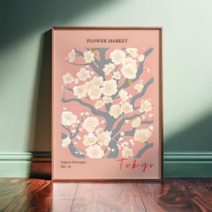 Tokyo Flower Market – Minimale Japanse sakuraboomprint – ingelijste of niet-ingelijste verticale poster