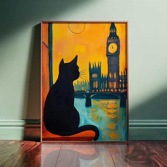 Black Cat Print – London Big Ben Wall Art, Framed or Unframed
