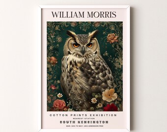 Stampa di William Morris, motivo gufo, poster verticale con cornice o senza cornice