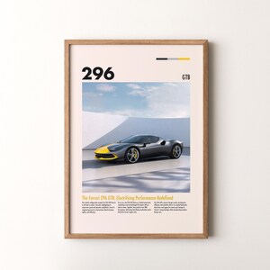 May include: A poster featuring a sleek, silver Ferrari 296 GTB with a yellow stripe, set against a white background. The poster has the text "296 GTB" and "The Ferrari 296 GTB: Electrifying Performance Redefined".