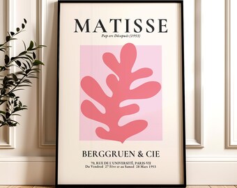 Op de afbeelding: Een zwart-witte poster met de tekst "MATISSE" in grote, vetgedrukte letters. De poster toont een abstract bladontwerp in roze en rood met de tekst "Pap ers Décopués (1953)" onder de titel. De onderkant van de poster bevat de tekst "BERGGRUEN & CIE" en het adres "70, RUE DE L'UNIVERSITÉ, PARIS-VII". De poster bevat ook de datum "Du Vendred 27 Fevr er au Samed 28 Mars 1953".