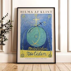 May include: A poster featuring an abstract painting by Hilma af Klint titled "Primordial Chaos, No. 12, (1906-1907)". The painting depicts a blue and green circle with a gold cross and other geometric shapes. The text "Medeltiden. nutiden." is written in yellow and black.