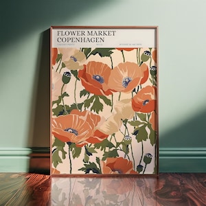Copenhagen Flower Market – Retro botanische Mohnblume – gerahmtes oder ungerahmtes, vertikales Poster