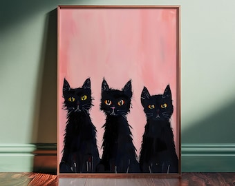 Black Cat Print – Trio of Moody Kittens on Pink, Framed or Unframed Vertical Poster