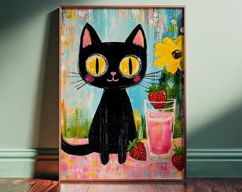 Whimsical Black Cat Art Print: Strawberry Kitchen Poster, Framed or Unframed