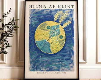 May include: A poster featuring an abstract painting by Hilma af Klint titled "Primordial Chaos, No. 7 (1906-1907)". The painting depicts a yellow and blue circle with a green and blue cross inside. The background is a blue and green abstract design.