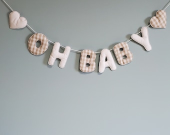 Oh Baby Banner, Fabric Letter bunting, neutral baby shower banner, gingham fabric letters E010