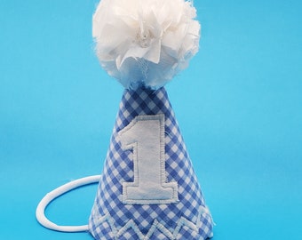 Mini birthday party hat, one, G248 _ blue gingham first birthday photo prop