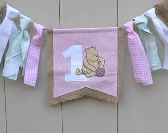 Classic Pooh Burlap first Birthday highchair banner, pink, mint, highchair, first birthday I143- tattered garland banner photo prop