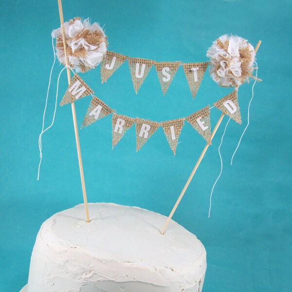 Rustic burlap wedding Cake banner, wedding, Burlap  cake topper "Just Married" G064, cake bunting