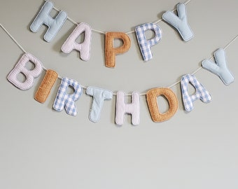 Happy Birthday Banner, Fabric Letter bunting, rustic chic banner, burlap, gingham fabric letters E110