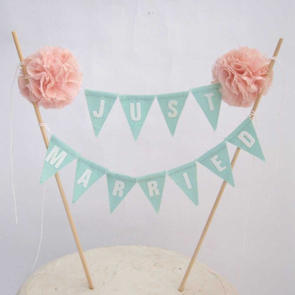 Cake topper, wedding, Mint, Blush Pompom flower "Just Married" Banner F304 - shabby chic cake bannerwedding