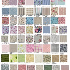 Puede incluir: Un muestrario de telas titulado "Print Fabrics B" con varios dise&ntilde;os florales, geom&eacute;tricos y estampados. Las muestras muestran una gama de colores, incluyendo rosa, azul, verde y beige, con nombres como "Blush Swirl Calico" y "Tan Gingham".