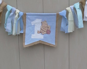 Classic Pooh Burlap first Birthday highchair banner, first birthday B083- tattered garland banner