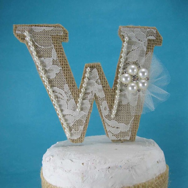 Burlap Monogram Cake Topper, Rustic Burlap Lace wedding topper, Burlap monogram m171 - rustic wedding cake decoration
