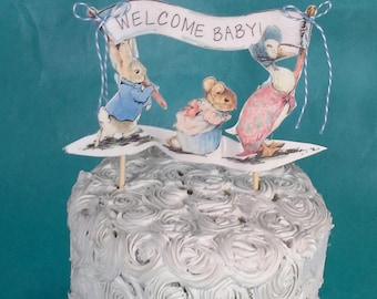 Shabby Chic Peter Rabbit cake topper, fabric Peter Rabbit baby shower decoration H091