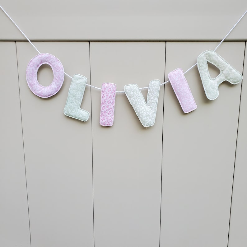 Custom Fabric Name Banner: Nursery Room Decor, Photo Prop Pink Sage fabrics