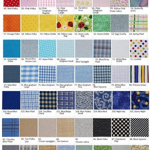 Puede incluir: Un cuadro de muestras de tela titulado "Print Fabric Samples A" muestra varios patrones de tela. Estos incluyen lunares, cuadros, dise&ntilde;os florales y cuadros en una gama de colores como rojo, rosa, azul, amarillo y verde. El cuadro proporciona una gu&iacute;a visual de los diferentes estilos de tela.