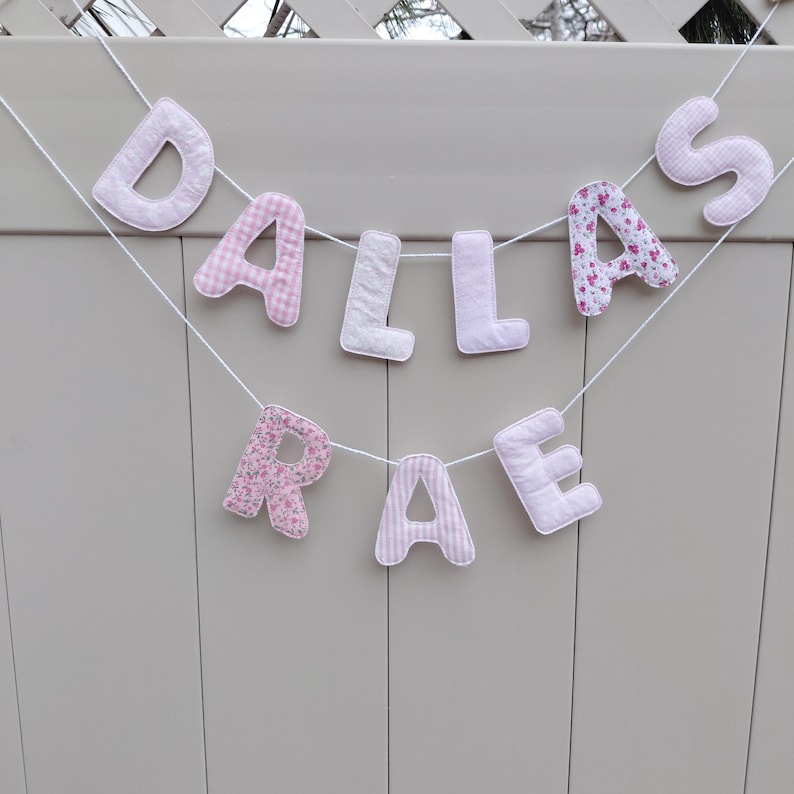 Custom Fabric Name Banner: Nursery Room Decor, Photo Prop Pink Print mix