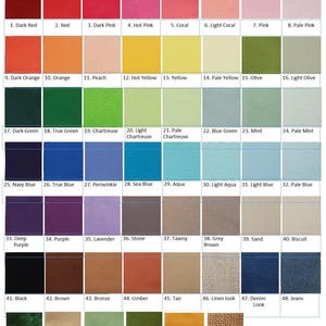 Puede incluir: Una carta de colores de muestras de tela de color s&oacute;lido, que muestra una amplia gama de tonos. La carta incluye tonos de rojo, rosa, naranja, amarillo, verde, azul, morado, marr&oacute;n y tonos neutros. Cada color est&aacute; etiquetado con un n&uacute;mero y un nombre.