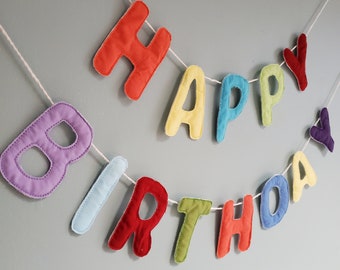 Happy Birthday Banner, Fabric Letter bunting, bright assorted banner, small fabric letters A299