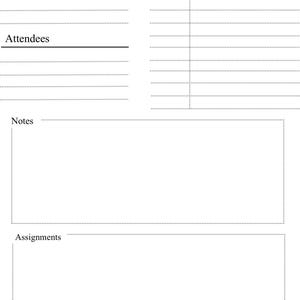 Puede incluir: Una plantilla de resumen de reunión blanca con secciones para el tema, los asistentes, la agenda de la reunión, las notas y las tareas. La plantilla incluye líneas horizontales para escribir y líneas punteadas para separar las secciones.