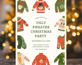 Op de afbeelding: Een uitnodiging voor een Ugly Sweater Christmas Party. De uitnodiging bevat illustraties van verschillende feestelijke truien in rood, groen en crème. De tekst bevat de datum, tijd en locatie van het feest.
