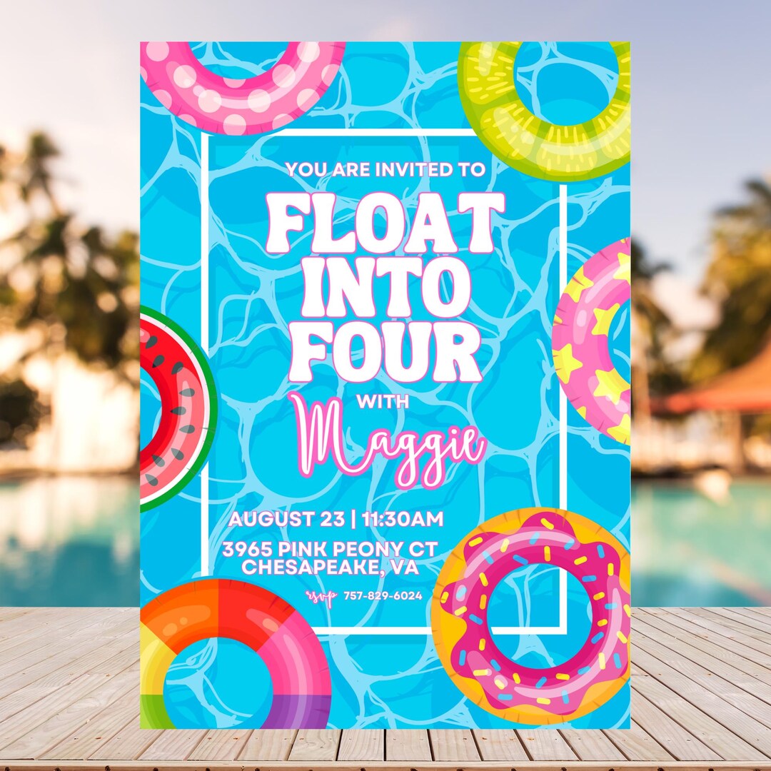 Floating Invite Custom Float Into Four Invitation, Pool Party Birthday, Pool Party ...