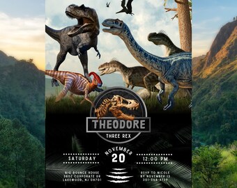 May include: A flyer featuring various dinosaurs against a backdrop of a blue sky and mountains. The flyer includes the text "THEODORE THREE REX" and event details: Saturday, November 20, 12:00 PM, Big Bounce House, Lakewood, NJ. RSVP by November 13.