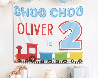 Custom Choo Choo I'm Two Banner, personalized Choo Choo I'm Two sign, train birthday party backdrop, train 2nd birthday decor, 2nd birthday