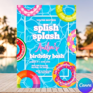 Custom Splish Splash Birthday Bash Invitation, Splish Splash Birthday Bash, Pool Party Invite, Splish Splash Invitation, Pool Party, Canva