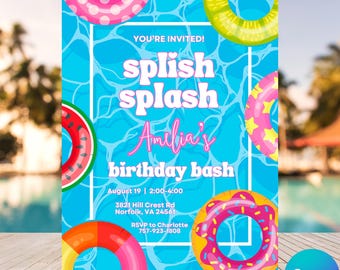 Custom Splish Splash Birthday Bash Invitation, Splish Splash Birthday Bash, Pool Party Invite, Splish Splash Invitation, Pool Party, Canva