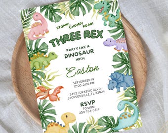 May include: A colorful invitation with a dinosaur theme. The text reads "Three Rex" and "Party like a Dinosaur with Easton." The invitation features various cartoon dinosaurs and tropical leaves. The date and time of the party are also included.