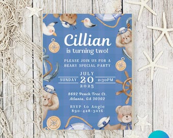 Custom Nautical Teddy Bear Birthday Invitation, Beary 1st Birthday Invite, Boho Teddy Bear Invitation, Sailor Invitation, Nautical Birthday