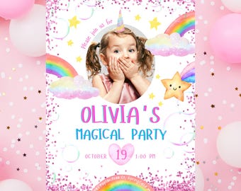 May include: A pink and white invitation for Olivia's Magical Party. The invitation features a photo of a girl wearing a unicorn horn, rainbows, stars, and the text "Olivia's Magical Party". The date is October 19th at 1:00 PM.