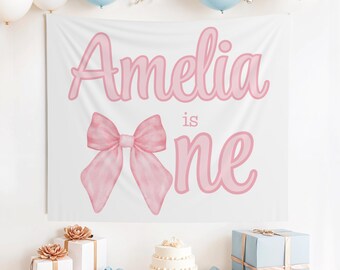 Custom Bow 1st Birthday Banner, Bow 1st Birthday, Pink 1st Birthday, Bow Theme 1st Birthday, Pink Bow Birthday, 1st Birthday Girl, Coquette