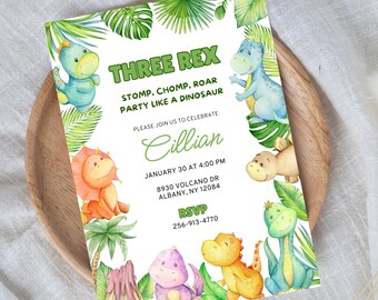 May include: A colorful invitation with the text "THREE REX" and "STOMP, CHOMP, ROAR PARTY LIKE A DINOSAUR". The invitation features watercolor illustrations of various dinosaurs and tropical leaves. The invitation is for Cillian's birthday party.