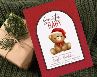 May include: A red baby shower invitation with a Santa Baby theme. The invitation features a watercolor teddy bear wearing a Santa hat and bow tie. Text includes the name Kristen McMahon, date, time, and RSVP information.