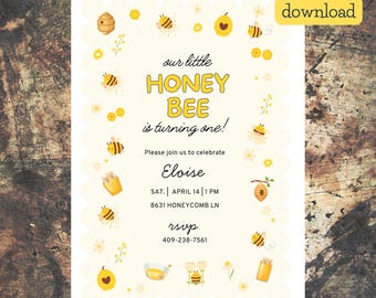 Custom Bee Day Invitation, Bee 1st Birthday Invite, 1st Bee Day Invitation, Bee Birthday Invitation, Honey Bee Birthday Invite, 1st Birthday