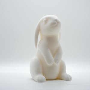 Può includere: Una statuetta di coniglio in ceramica bianca con orecchie lunghe, in piedi con le zampe unite.