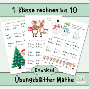 Könnte beinhalten: Eine Sammlung von Mathe-Arbeitsblättern für Erstklässler. Die Arbeitsblätter zeigen weihnachtliche Illustrationen, darunter Weihnachtsmann, Rentiere und Schneemänner, sowie Matheaufgaben. Der Text auf den Arbeitsblättern lautet "1. Klasse rechnen bis 10" und "Übungsblätter Mathe".