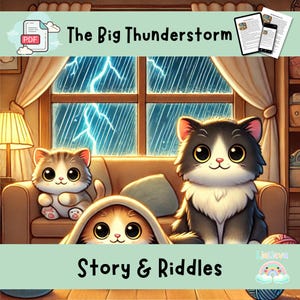 Könnte beinhalten: Illustration von drei Zeichentrickkatzen in einem Haus während eines Gewitters. Der Text "The Big Thunderstorm" und "Story & Riddles" sind zu sehen. Die Katzen sitzen auf einem Sofa vor einem Fenster mit Regen und Blitzen.