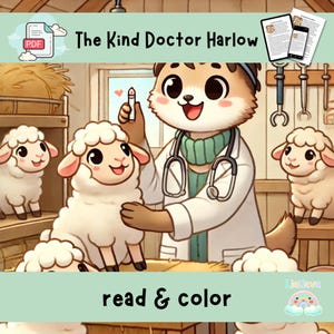 Könnte beinhalten: Eine Illustration eines Cartoon-Hundes in einem Arztkittel, der Schafe mit einer Spritze behandelt. Der Text "The Kind Doctor Harlow" und "read & color" sind zu sehen. Ein PDF-Symbol ist ebenfalls vorhanden.