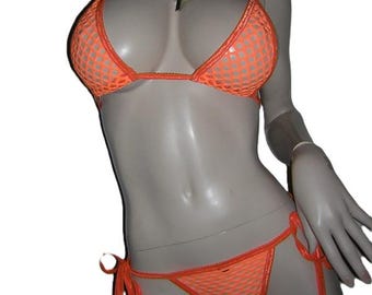 Exotic Dancer Orange Fishnet Stripper Scrunch Butt Bikini Sheer Stripperwear See Through Dancewear