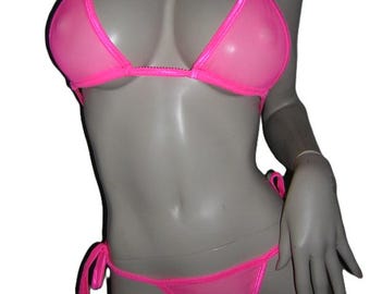Exotic Dancewear Sheer Hot Pink Mesh Stripper Scrunch Butt Bikini See Through Stripperwear
