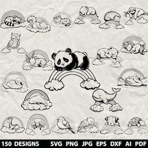 May include: A collection of black and white illustrations featuring animals such as a panda, owl, and whale, all sleeping on rainbows and clouds. The image includes the text "150 DESIGNS" and file type options: SVG, PNG, JPG, EPS, DXF, AI, and PDF.