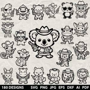 May include: A collection of black and white digital illustrations featuring animals in cowboy attire, each with a gun. The designs include a koala, owl, and tiger. The text at the bottom states "180 DESIGNS SVG PNG JPG EPS DXF AI PDF".